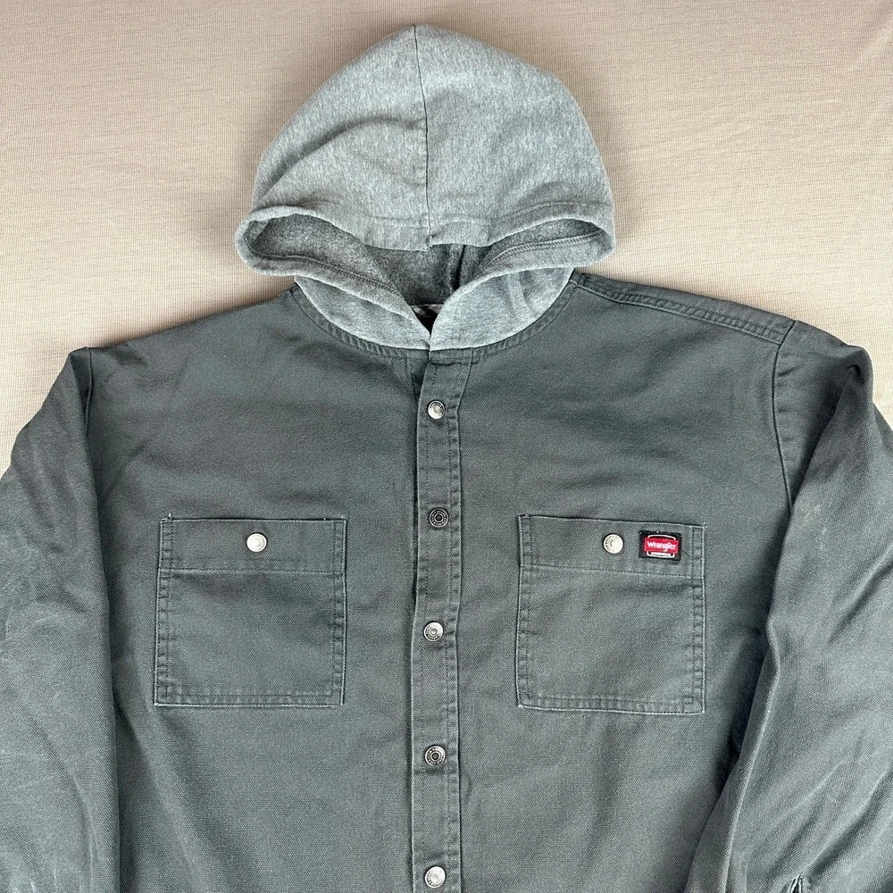 Wrangler Workwear Snap Shirt Hooded Jacket XL Gray Canvas (Drawstring Removed)
